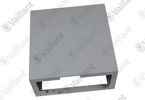 Grauer Deckel von Vaillant, rechteckige Form mit einer Aussparung an einer Seite. Ideal für den Einsatz in Heizsystemen oder ähnlichen Anwendungen.